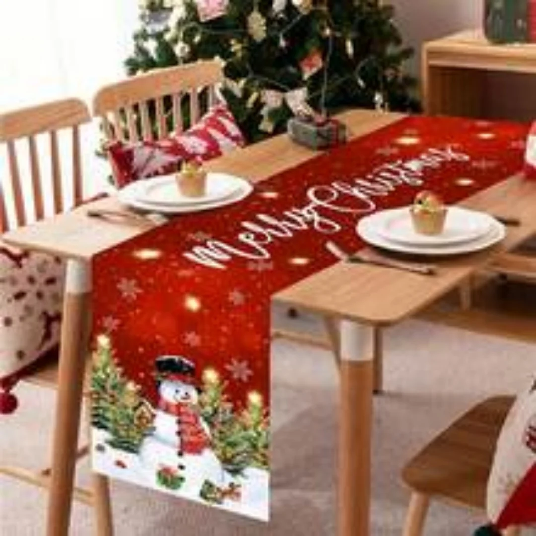 

1pc Marry Christmas Table Runner Snowman Pine Printed Dustproof Durable Tablecloth for Home Ornament Xmas Dining Room Decoration