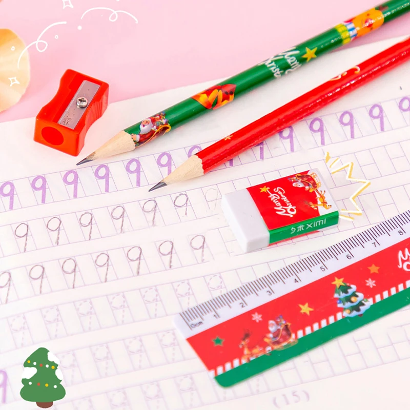 Ensemble de papeterie de Noël, règle à crayon, taille-crayon mignon, portable, boîte-cadeau pour l'école, cadeau pour garçon, 1 ensemble