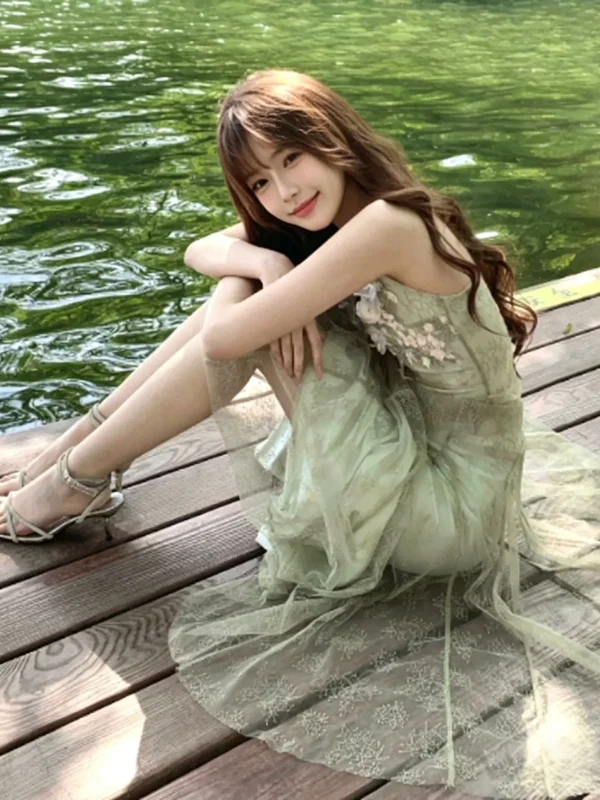 

Unique Beautiful Beach Vacation Style Wrap around Fish Tail Skirt Dress Summer Cotton No Sleeve Women's Bodycon Dress