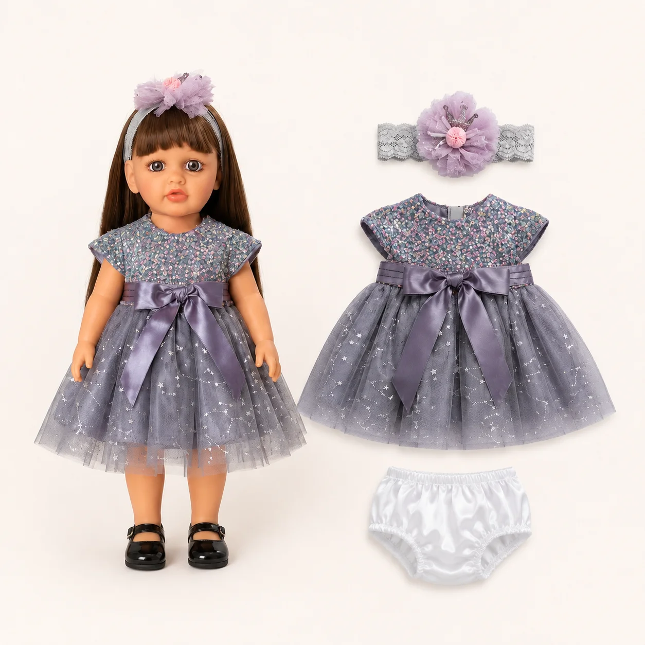 Kleidung Reborn Babypuppe 22 Zoll 55cm, Prinzessin Kleid mit Haarband, weicher Tüllrock für Vinyl Puppen Zubehör Set Geschenk 22inch Doll Outfit