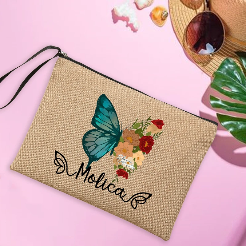 Custom Name Women\'s Linen Makeup Bag Personalised Butterfly Travel Clutch Bags Beach Sunglasses Sunscreen Storage Pouches Gifts