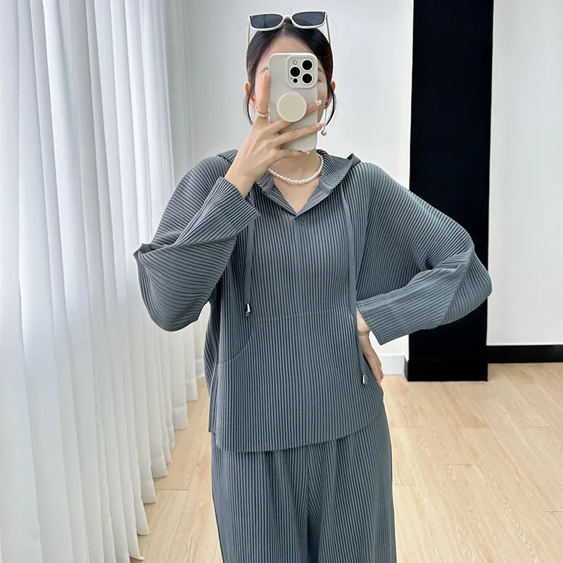 Pleats Women\'s Sweatshirt Autumn Winter 2023 Pleated Long Sleeve Solid Color Hundred with Hooded Simple  Casual Temperament Top