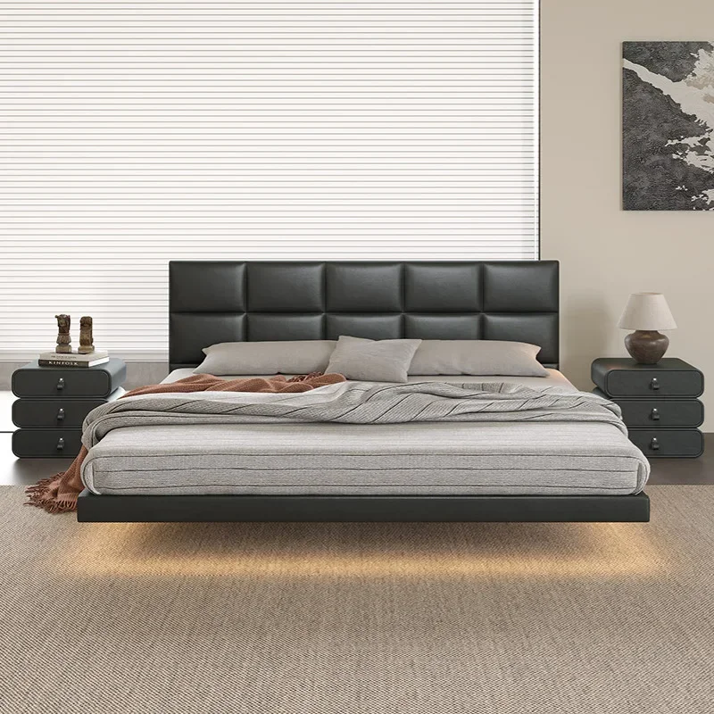 Suspended Italian minimalist leather Bedroom black chocolate Small apartment thin bedside bed