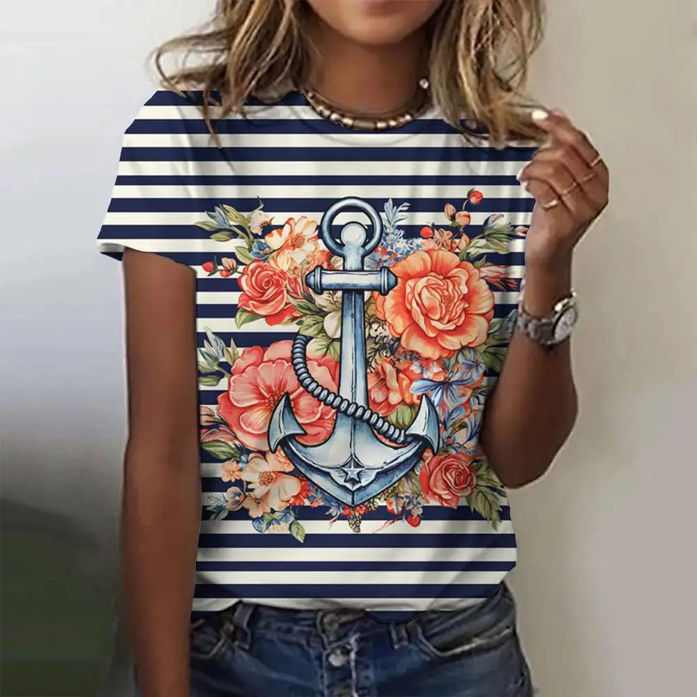 Summer Strip Boat Anchor 3D Print T-shirts Women Streetwear Casual Fashion Y2k Short Sleeve T Shirt O-neck Tees Tops Clothing