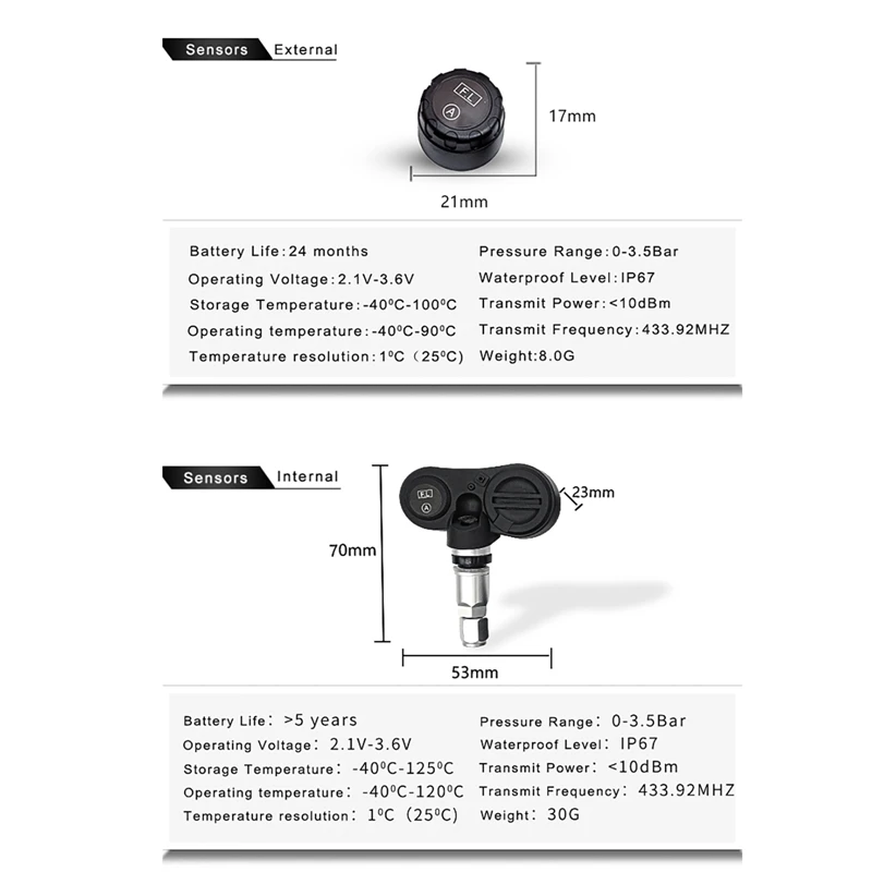 نظام مراقبة ضغط إطارات السيارة بالطاقة الشمسية TPMS 0-3.5 بار مستشعر إطارات العجلات TPMS