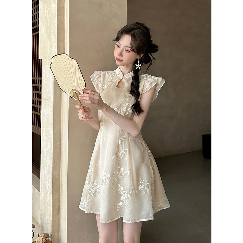 Ele الصينية Sle المطرزة Svel Dr لون نقي العمل الثقيل صيف جديد وصول المرأة Faion Dr #5