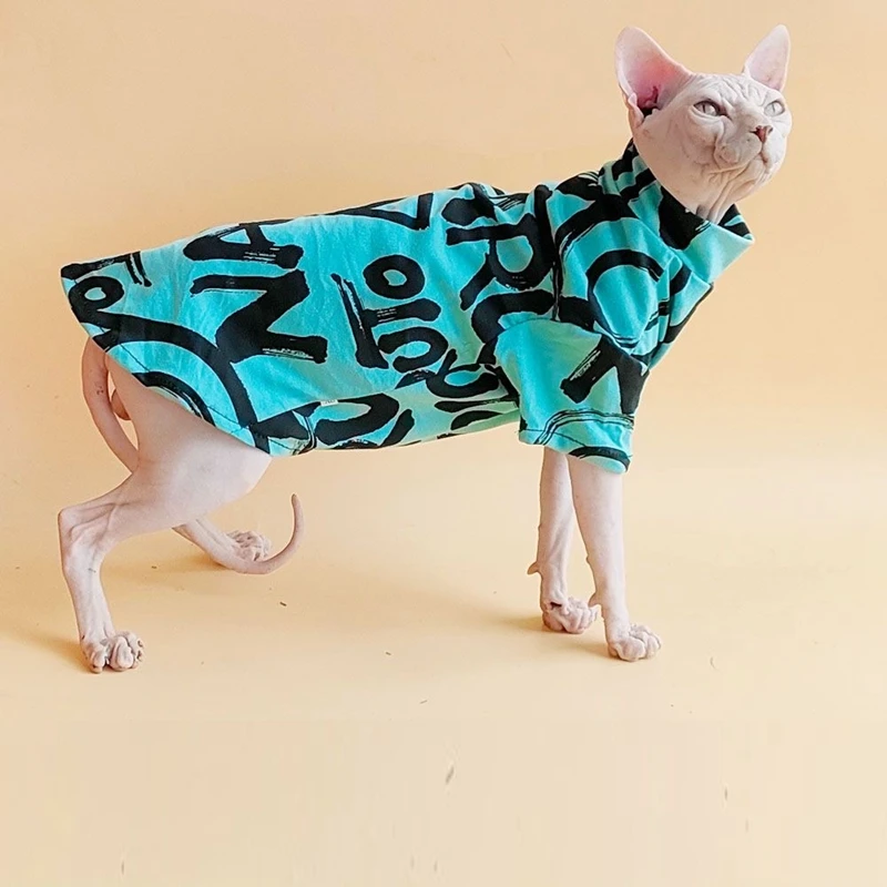 Handmade Spring Sphinx Hairless Cat Clothes Cotton Print Letter Hairless Cat pullover shirt Devon Cat Clothes for Summer Outfit