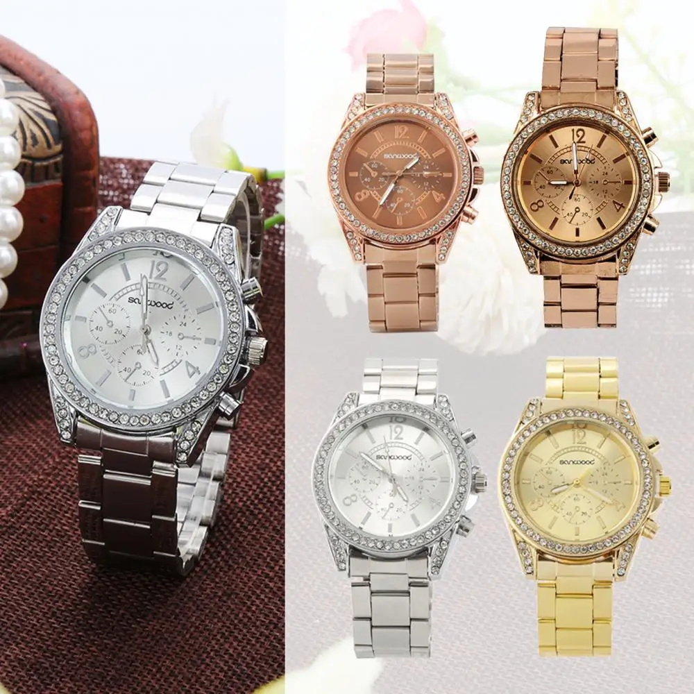 Fashion Womens Shiny Rhinestone Stainless Steel Analog Quartz Wrist Watch