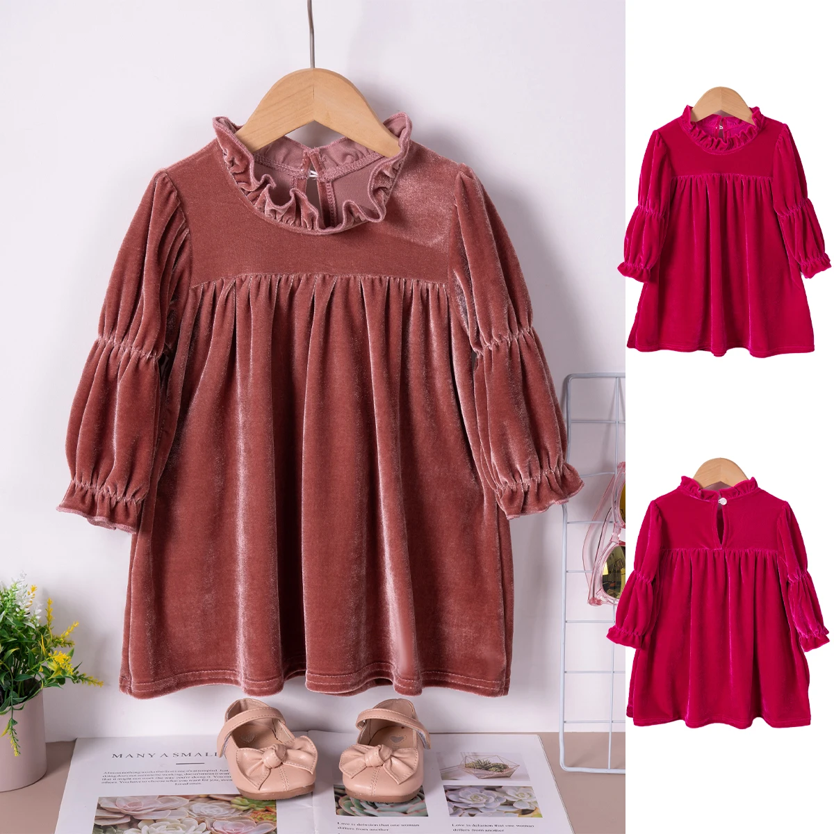 

Spring/Autumn Girls Fashion Dress Solid Color Casual Children's Clothing Corduroy Long Sleeve Knee Length Dress Portable Buttons