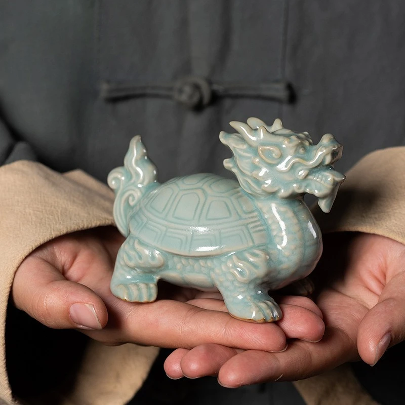 Longquan Celadon Dragon Turtle Tea Pet Fortune Symbol for Gongfu Tea Ceremony Home Desk Decor Collectible Gift