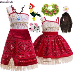 New Moana Dresses Girls Princess Dress Cosplay Costume Necklace Wig Pig Doll Halloween Carnival Party Vestidos Outfit 2-10 Years