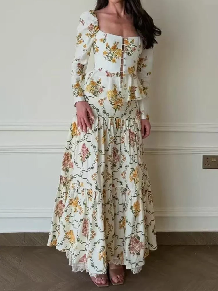 Trendy Single Breasted High Waist Pleated Outfit Elegant Square Neck Long Sleeve Club Party Suit Retro Print Shirt+Skirt 2pc Set