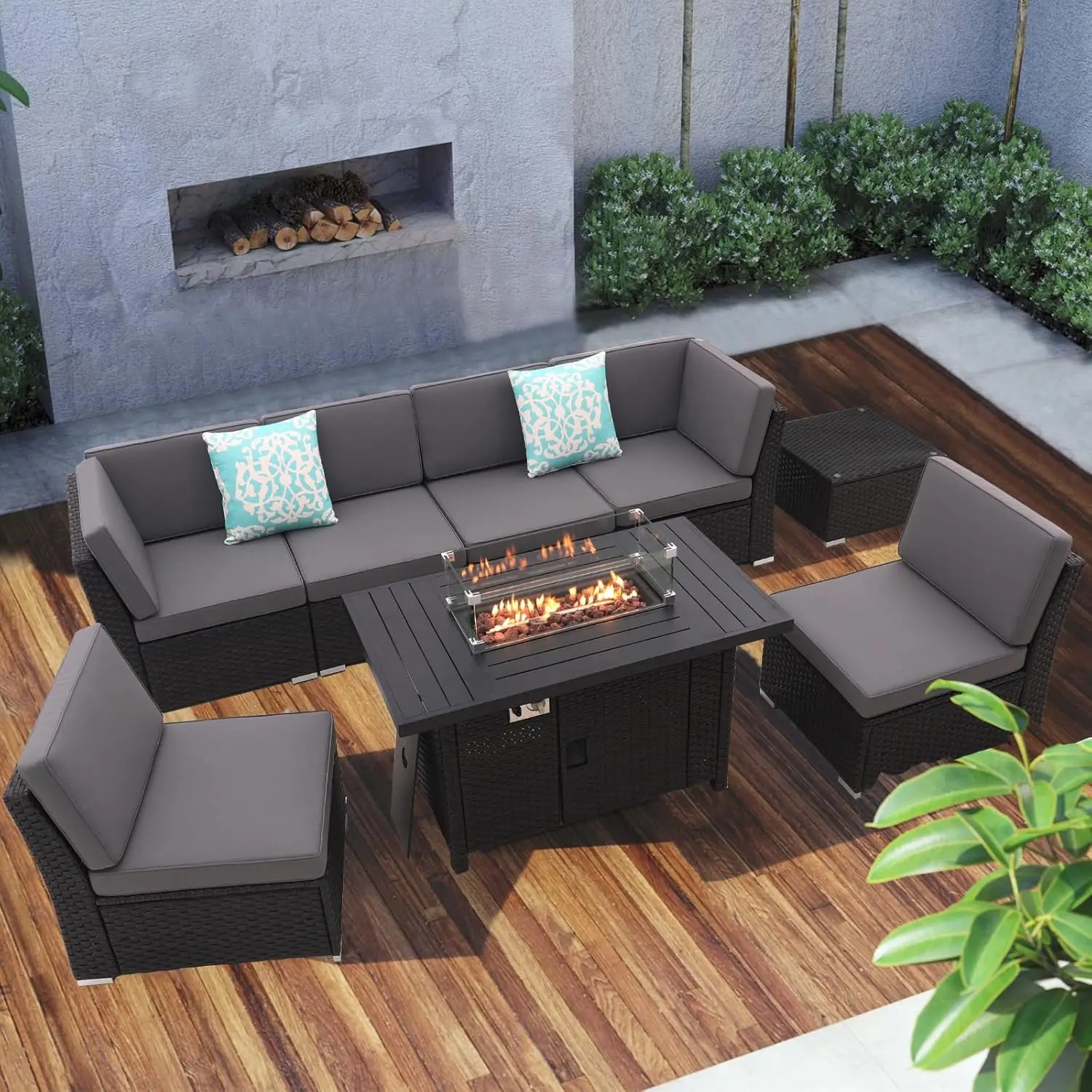 

Patio Sofa Set with 46 Inch Firepit Table Coffee Table Outdoor Sectional Patio Conversation Set Patio Furniture All Weather