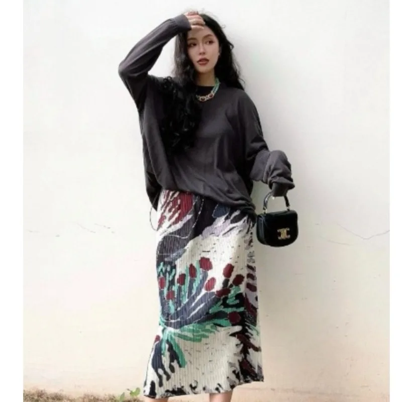 

Women Skirt Pleated Skirts Y2K Skirt Vintage New Designed Printed Mid-calf Skinny Elastic Waist Fringe Ruffle Pleated Skirts