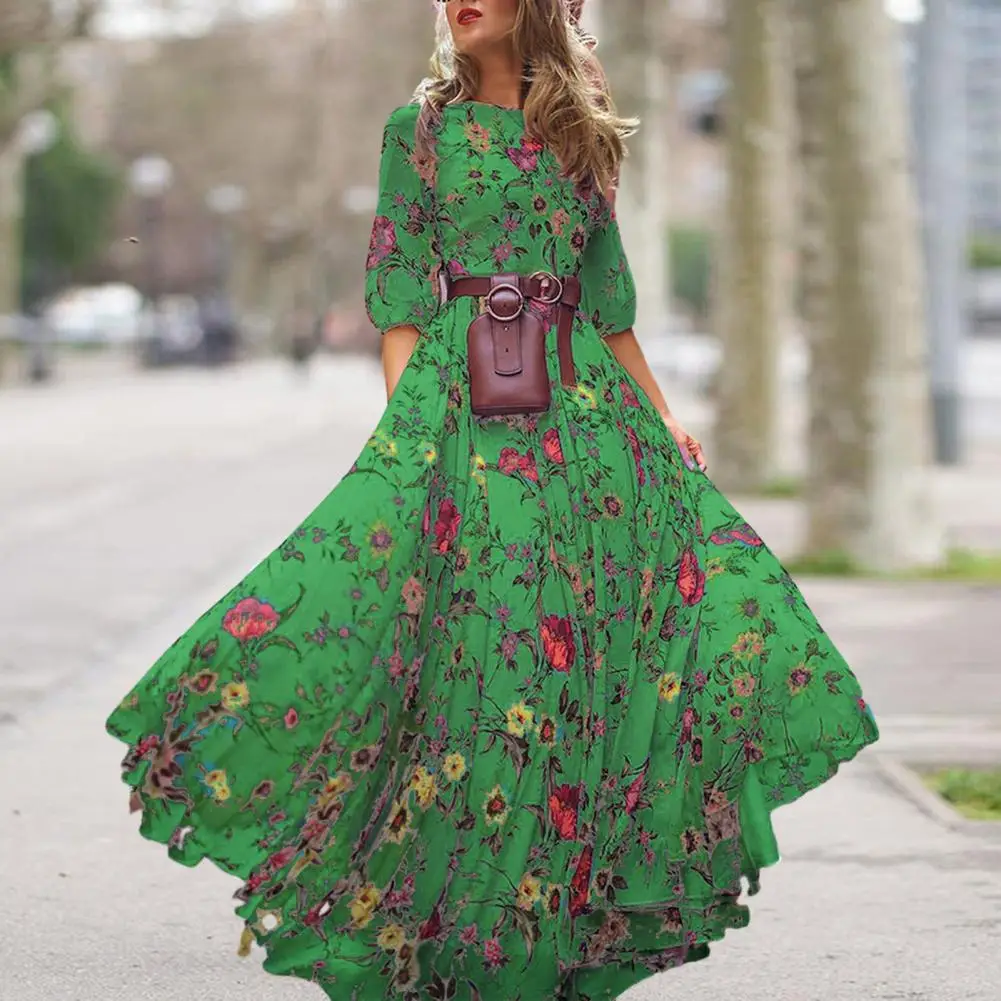 Floral Long Dress Women Printed Chiffon Dress Elegant Floral Maxi Dress for Women A-line Silhouette High Waist Design for Spring