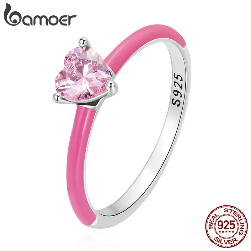 Bamoer 925 Sterling Silver Exquisite Square Shining Pink-Heart cyrkon pierścień dla kobiet eleganckie zespoły pasujące prezenty ślubne dla nowożeńców