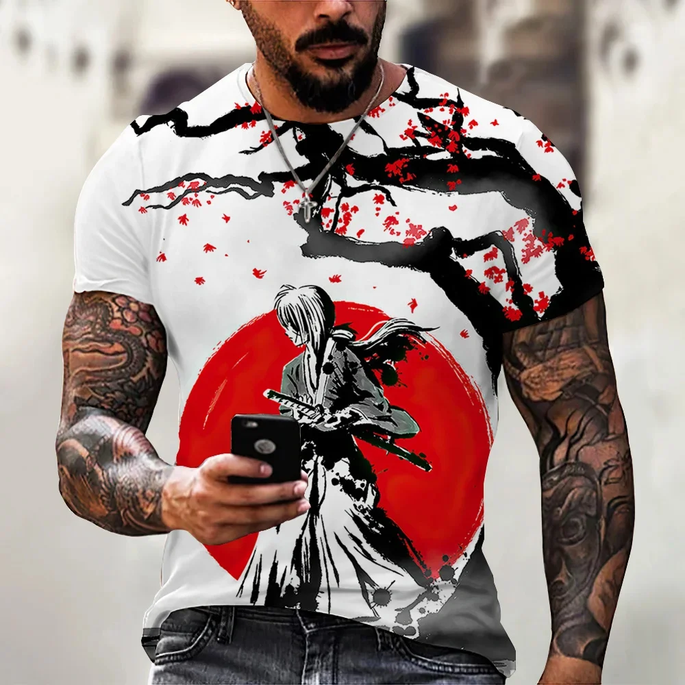 Samurai Pattern T-Shirt Fashion Casual Tops Men's T Shirt Short Sleeve Clothing Summer Loose Anime Japanese 3d Style Blouse 2024