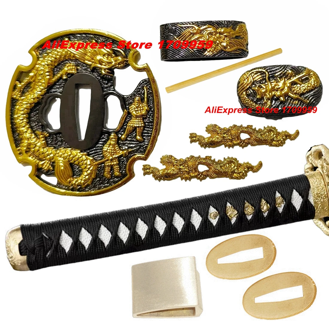 Um conjunto de alça de dragão tsuba menuki fuchi kashira habaki seppa para espada samurai japonesa katana/wakizashi/tanto acessórios de metal