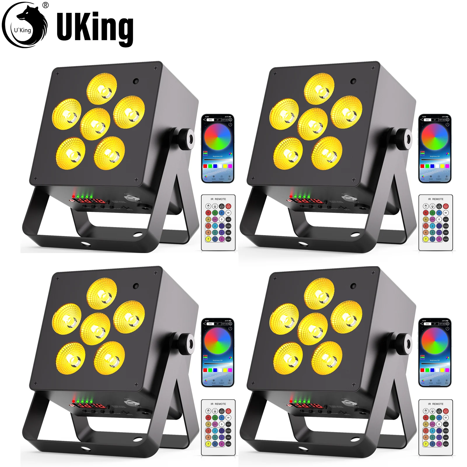 

U'King 4Pcs 50W Rechargeable Square Par Light Built In 5200mAH Battery RGBWA+UV 9LED Stage Light APP&Remote&DMX Control Uplights