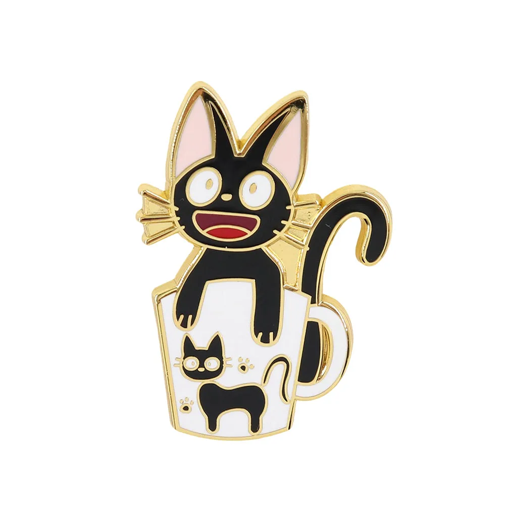 Black Teacup Cat Brooch Cute Cartoon Animal Enamel Pins Anime Related Characters Icon Metal Pin Women Clothing Ornament Jewelry