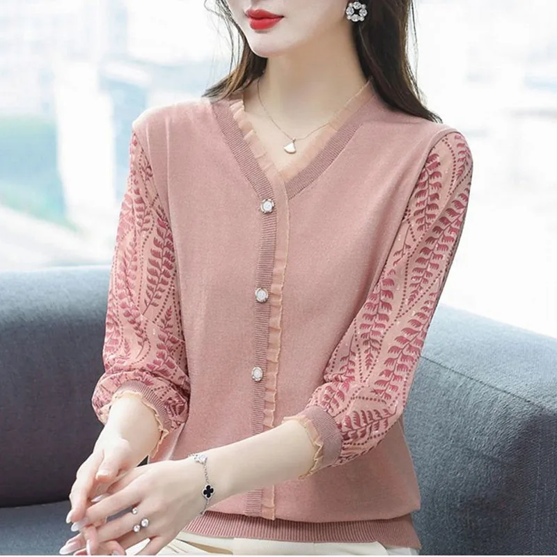 2023 New Spring Autumn Knitted Tops Middle-Aged Elderly Women\'s Blouse T-Shirt Female Chiffon Sleeve Elegant Bottoming Shirt