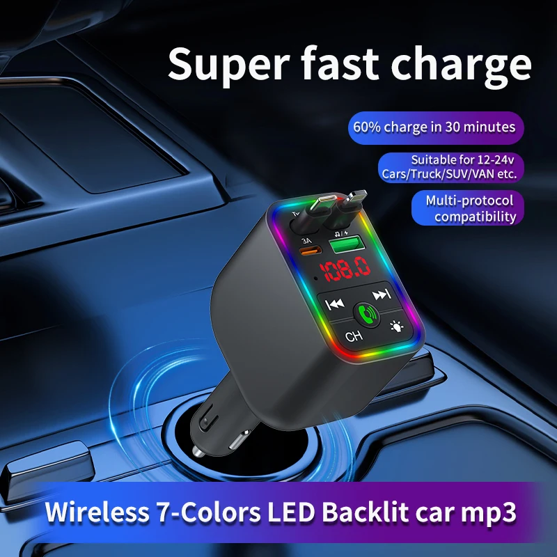 Wireless 7 Colors LED Car Mp3 Car Kit FM Transmitter Audio Receiver with Retractable Cable 2 Ports Fast Car Charger Adapter