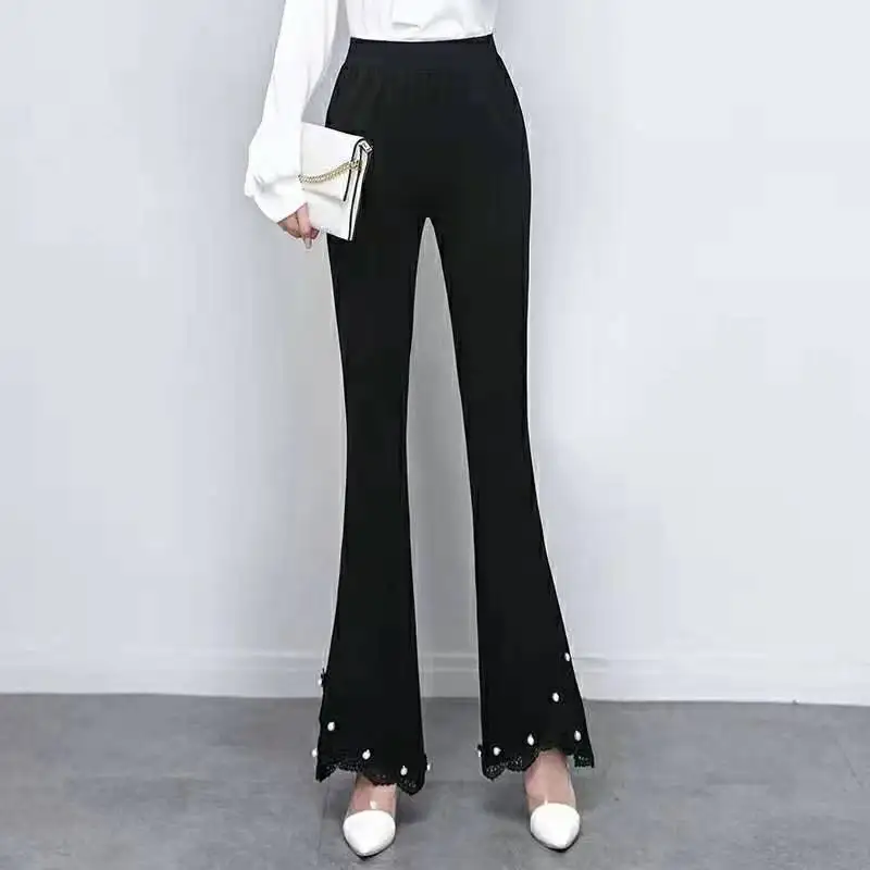 

Офисные женские модные Универсальные Черные Облегающие расклешенные брюки Корейская Новинка Весна-Осень Женские Элегантные повседневные брюки с высокой талией и бусинами