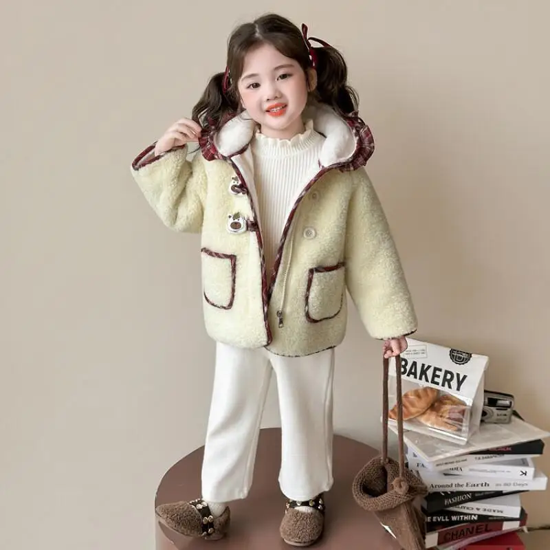

Autumn Winter Girls' Warmth Coat Pure Color Hooded Overcoat Thicken Tops Loose New Fashion Comfortable Children Clothes Casual