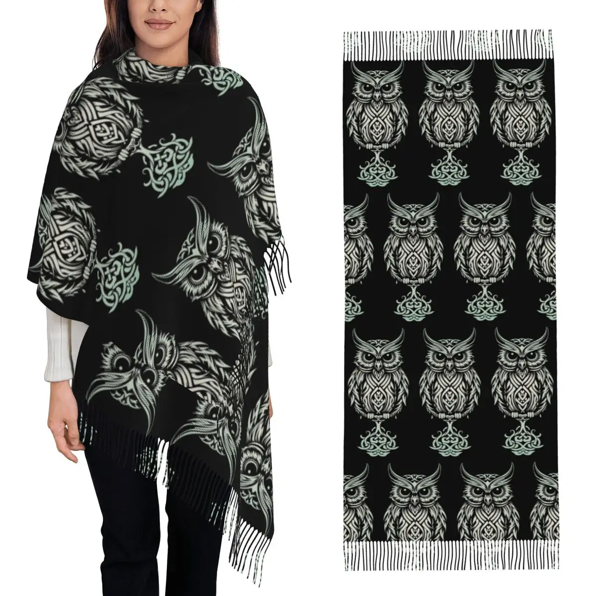 Gothic Owl Night Halloween Owl Scarf Tassel Scarves for Women Soft Warm Shawls and Wraps Large Fall Winter Shawl Wrap