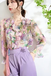 Designer Floral Print Summer Lightweight Chiffon Blouse France Fashion Ruffles Casual Streetwear Female Shirt