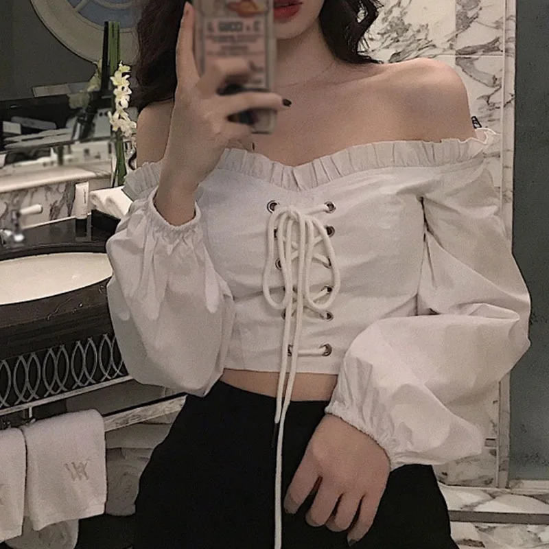 Retro Off Shoulder Lace Up Blouse Women High Waist T Shirts Drawstring Design Bubble Long Sleeve Crop Top Sweet And Spicy