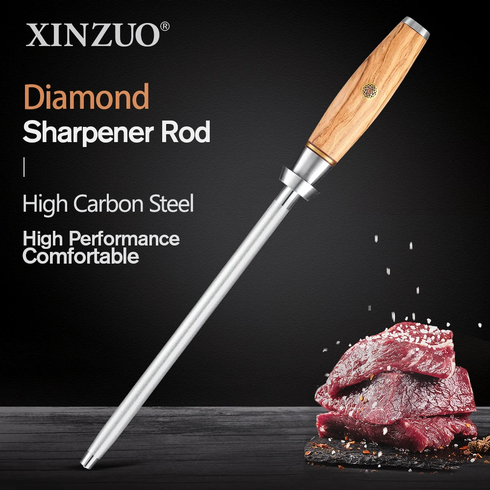 XINZUO 228mm Sharpener Rod Stick High Carbon Steel with Diamond+Olive Wood Handle Professional Kitchen Knives Sharpen Steel