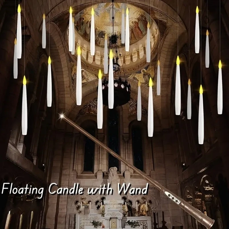 10-24 Pack Battery Operated Flameless Floating Candles Bougies Flottantes, Magic Wand Remote LED Flickering Hanging Candles Hall