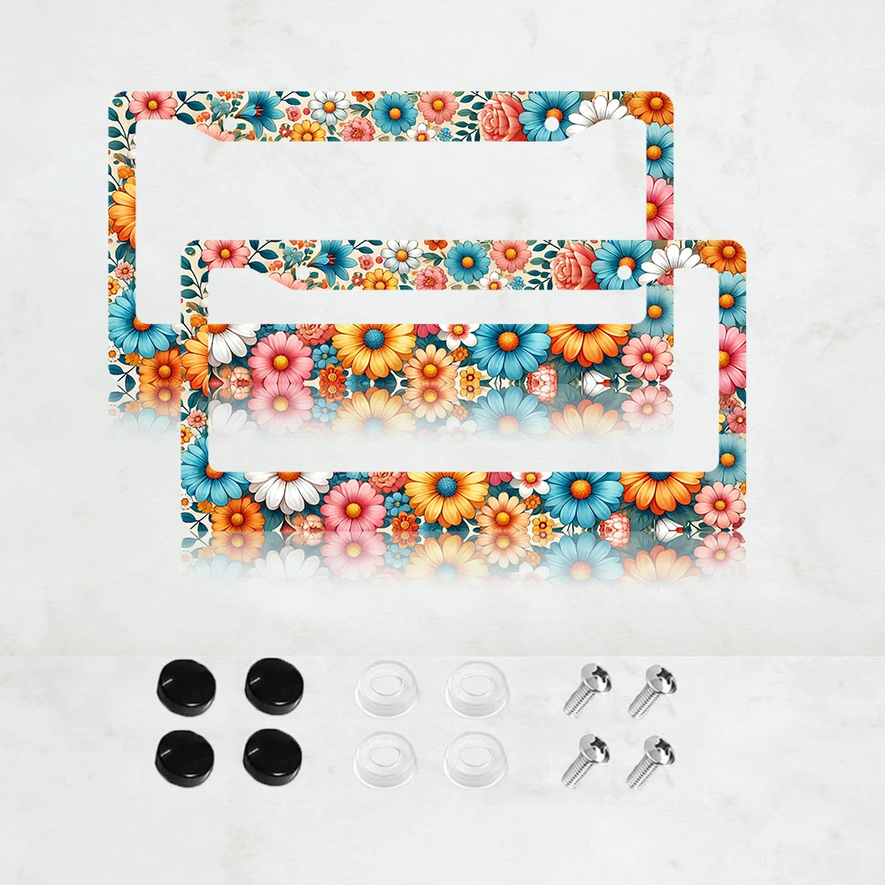 

2PC Seven Color Flowers License Plate Frames Aluminum License Plate Frame - 6 x 12 Inch US Standard Size, Decorative Car