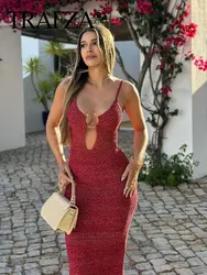 TRAFZA Female Beach Sexy Long Dress Red Sleeveless Backless Hollow Out Decorate Pullover Summer Dresses Woman 2024 Trendy TRAF