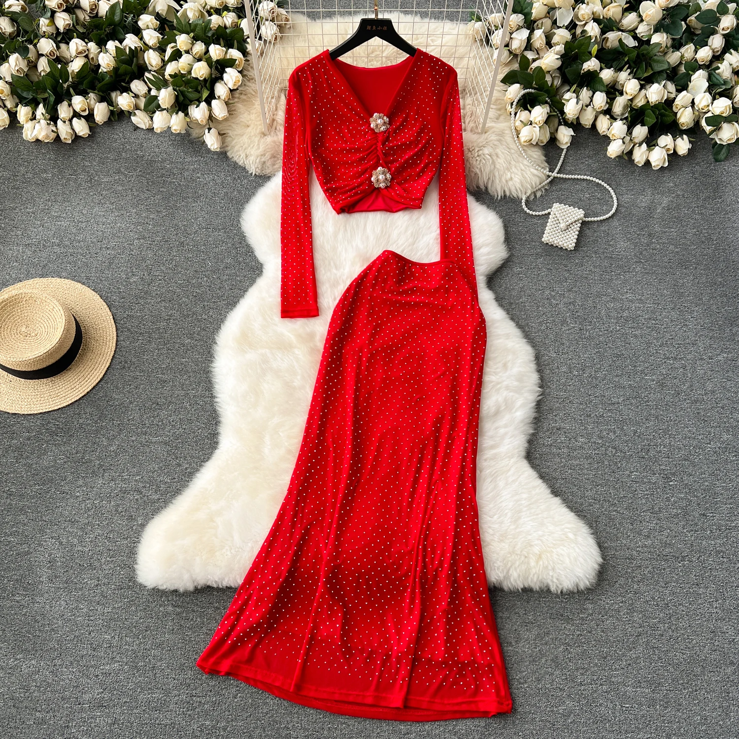 Women Vintage Two Pieces Skirt Sets Women Long Set with diamonds Sleeve Versatile Fishtail skirt