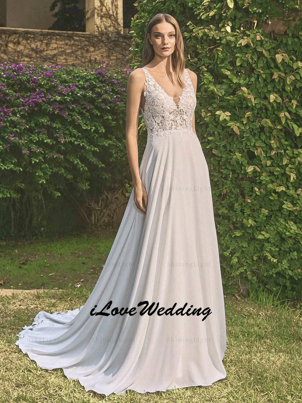ShiningLight ボヘミア A ラインシフォンウェディングドレス女性のためのノースリーブレース V ネック花嫁ドレス Vestido デノビアカスタマイズ