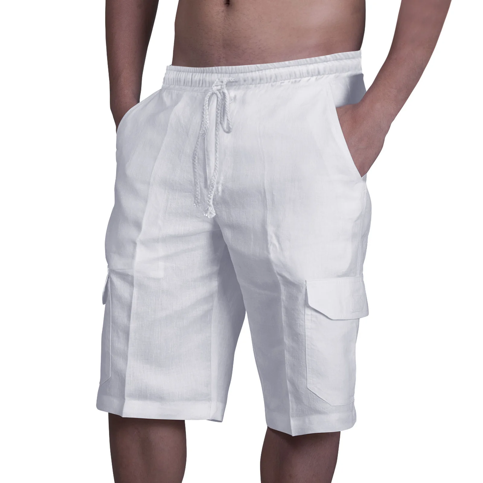 

2025 new men's casual cotton and linen pocket tethered shorts men's daily all fashion solid color comfortable beach overalls
