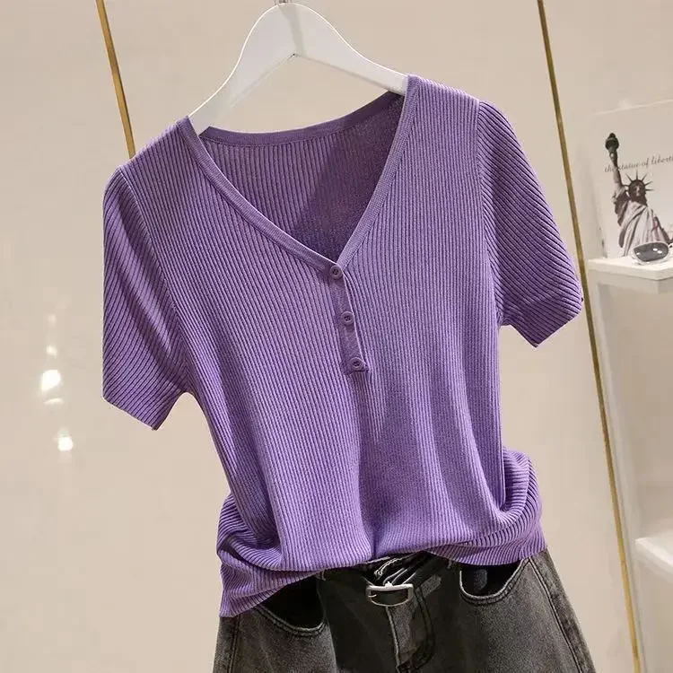 

S061 Women T-shirt Cropped Slim High Waist Short Sleeve Basic Summer Clothes Tops Woman