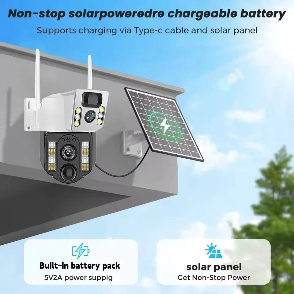 8MP Solar Camera Two lens Two Screens CCTV Outdoor PTZ Control Motion Tracking Color Night Vision Solar Cameras Waterproof