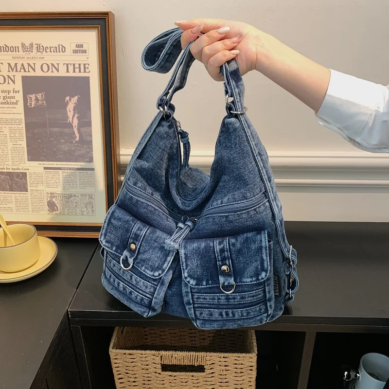 Korean Style High Quality Washed Denim Backpack New Multi Pocket Women Tote Bag Commuting Versatile Personalized Shoulder Bag