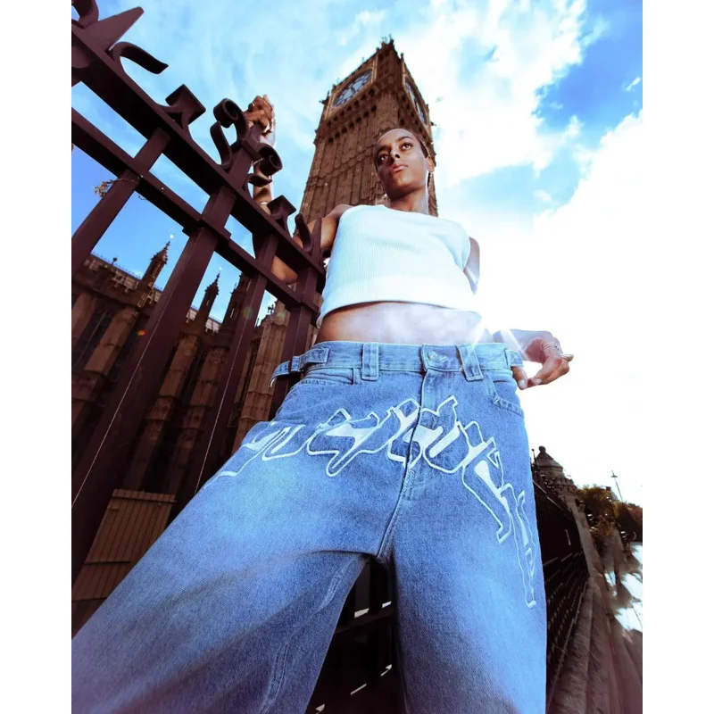 Y2K  America Fashion Baggy Blue Jeans Casual Letter Embroidery Straight Wide Leg Pants Denim Trousers Men Low Rise Jeans Clothes