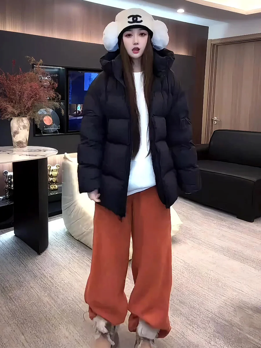 

Свободная белая пуховая куртка-пуховик средней длины для женщин, теплая, в корейском стиле, зимняя, новинка, с флисовой подкладкой, с капюшоном