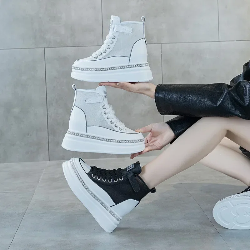 8cm Air Mesh Summer Breathable Motorcycle Ankle Boots Spring Genuine Leather Shoes Ladies Hollow Boots Woman Fashion Sandals image 2