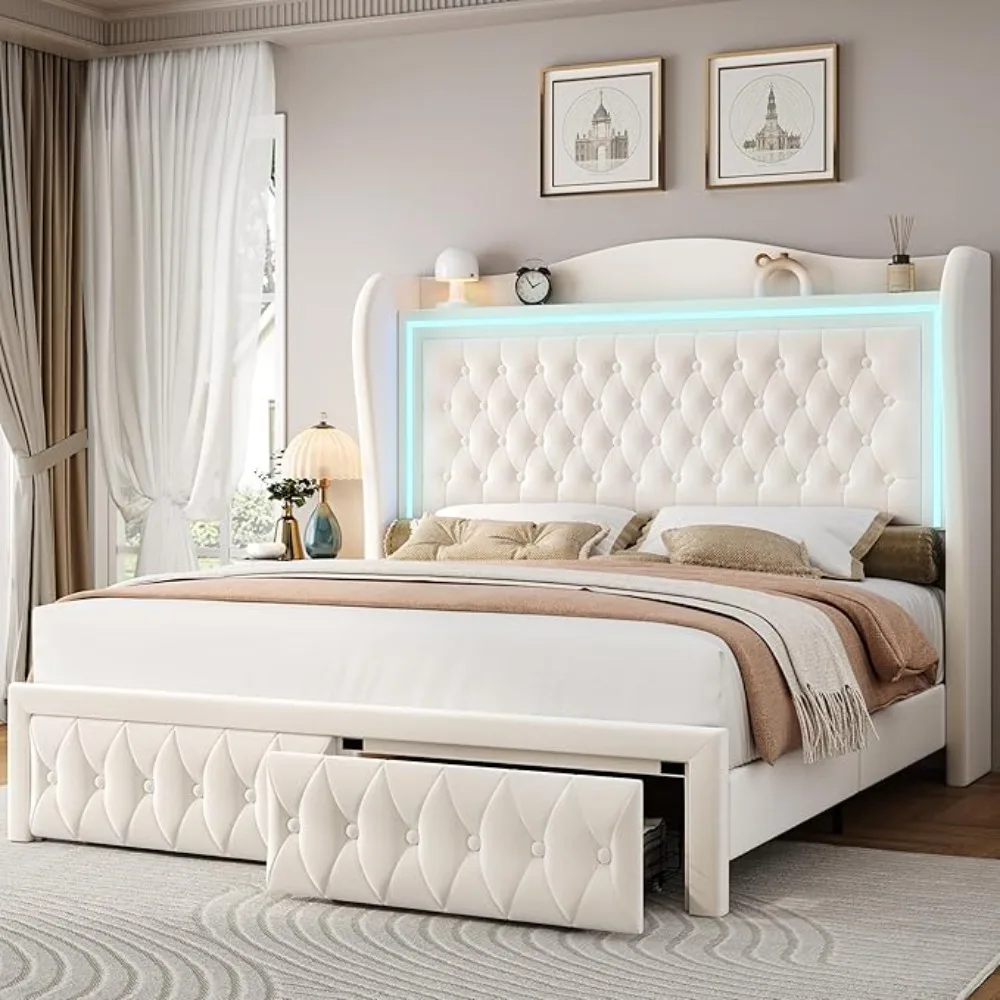 

Bed Frame 55" Tall Headboard with LED Lights, Buttons Tufted Velvet Upholstered Platform Bed Frame with 2 Storage Drawers