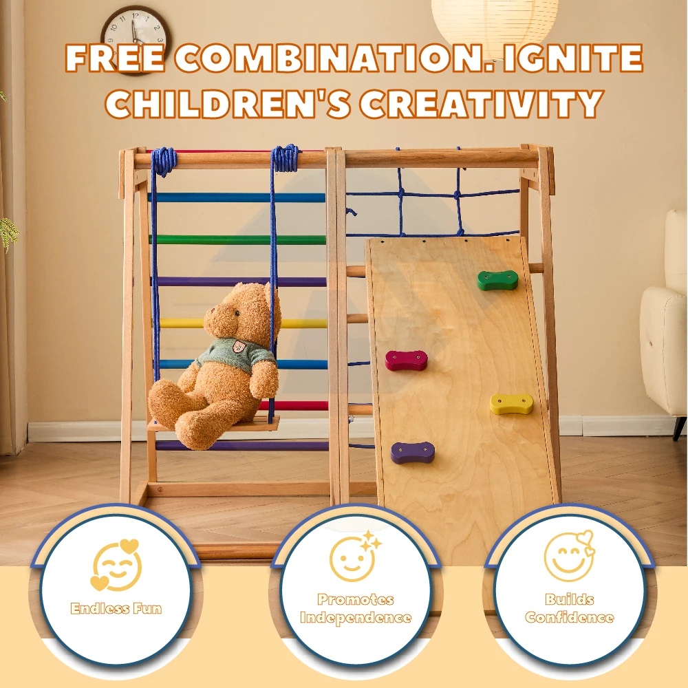 Wooden Rainbow Climbing Frame Indoor Playground Indoors for Kids Activity Climber Ladder Swing Slide Play Structure Set