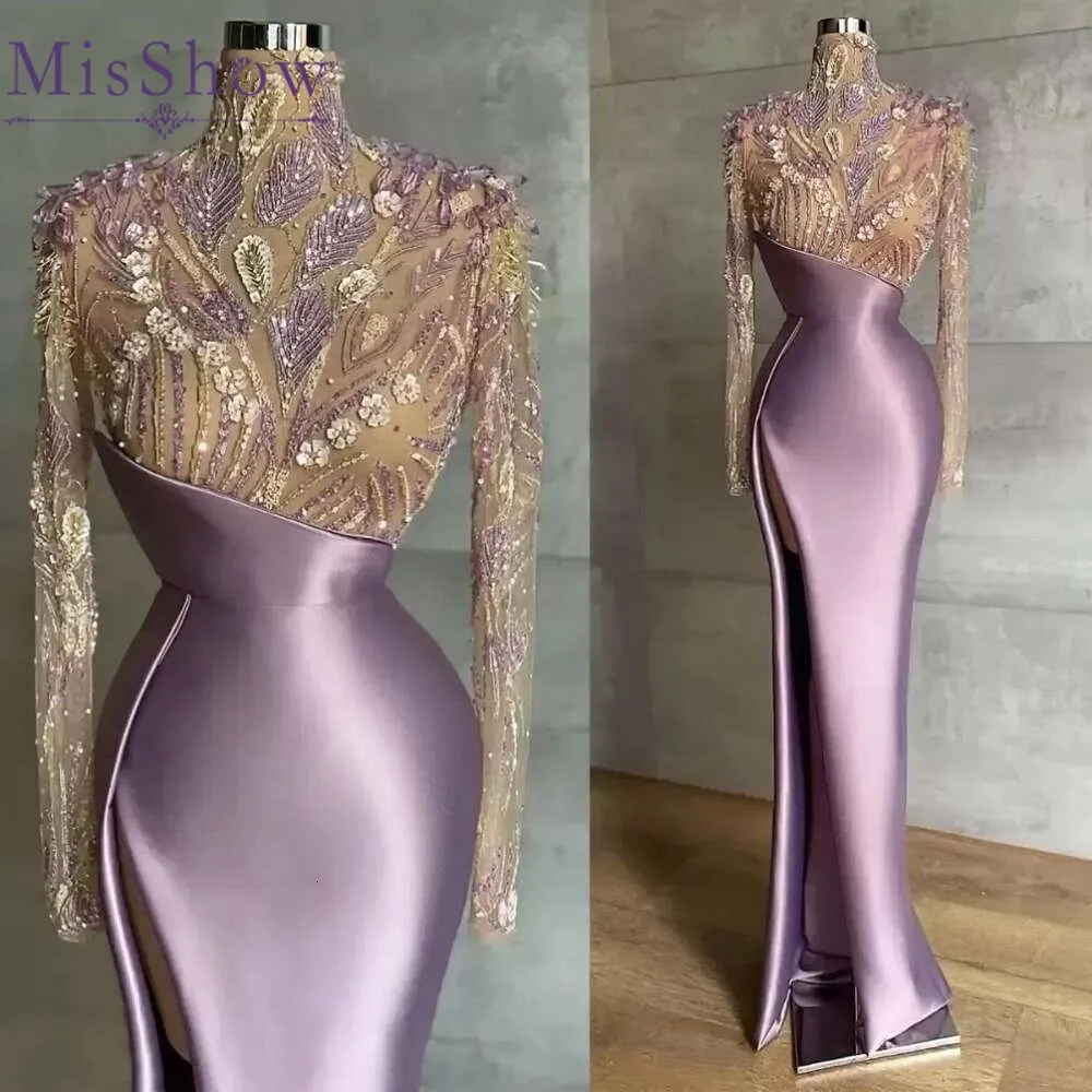 SWEMILE Abito da sera a maniche lunghe con collo alto Lavanda Perline Applicazioni in pizzo Illusion Top Side Split Festa formale Sirena Vestido