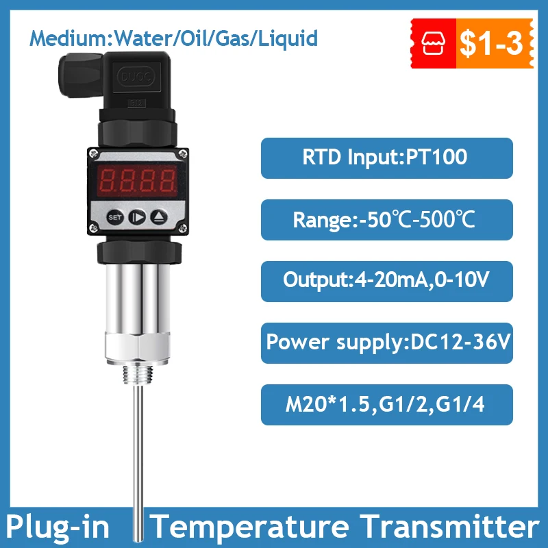 LED Display Plug-in Temperature Transmitter PT100 Temperature Measuring Probe Temperature Sensor 4-20mA Output RTD Transducers