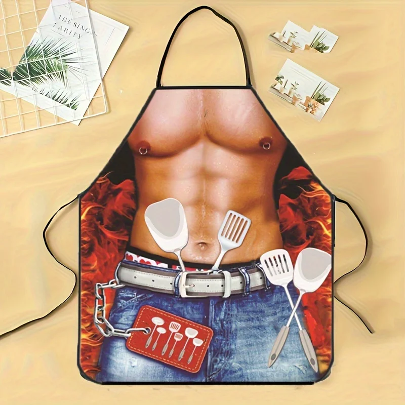 1PC Funny Muscle Man Print Chef Apron Personality Novelty Polyester Waterproof Oilproof Cooking BBQ Apron For Men Women