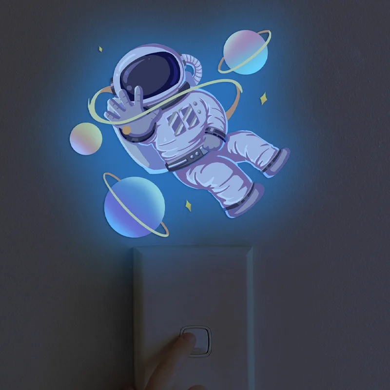 Luminous Astronaut Wall Stickers Kids Room Decor Glow In The Dark Planet Cartoon Cat Decals Fluorescent Rainbow for Home Switch